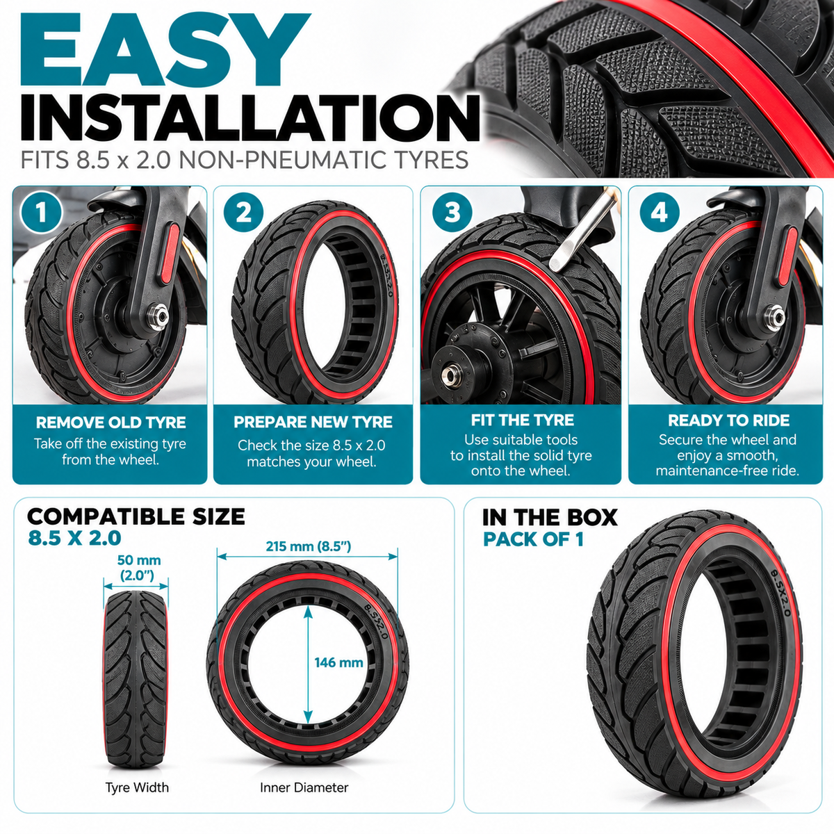 8.5 x 2.0 Solid Non-Pneumatic Scooter Tyre – Black & Red