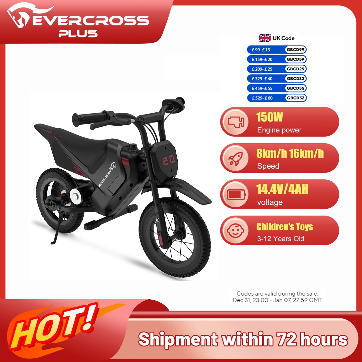 EVERCROSS PLUS Kids Electric Dirt Bike 150W Ride On Motorcycle with Adjustable Speed 8/16 km/h, 12 Inch Tires, Up to 10 km Range for Kids Age 3-12