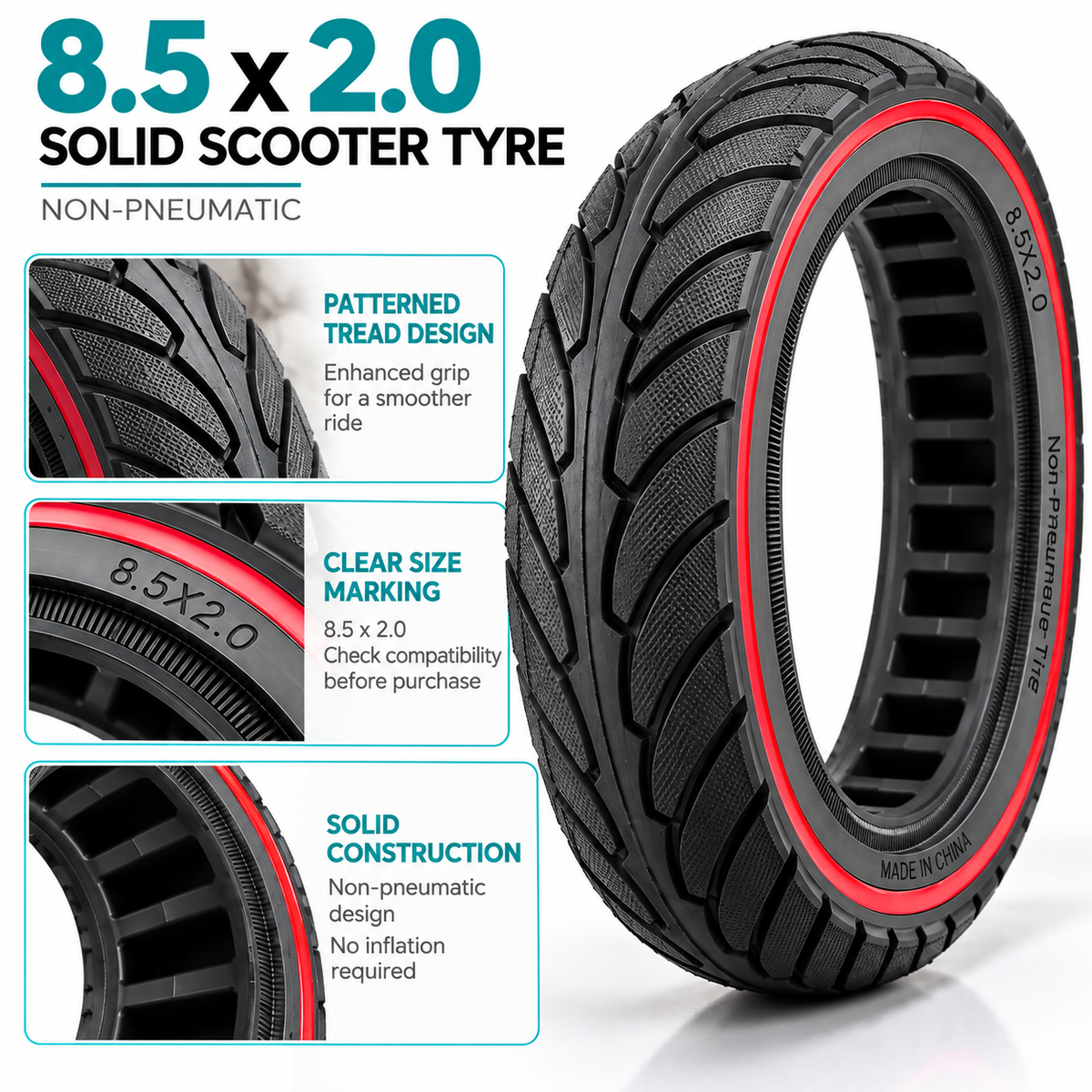 8.5 x 2.0 Solid Non-Pneumatic Scooter Tyre – Black & Red