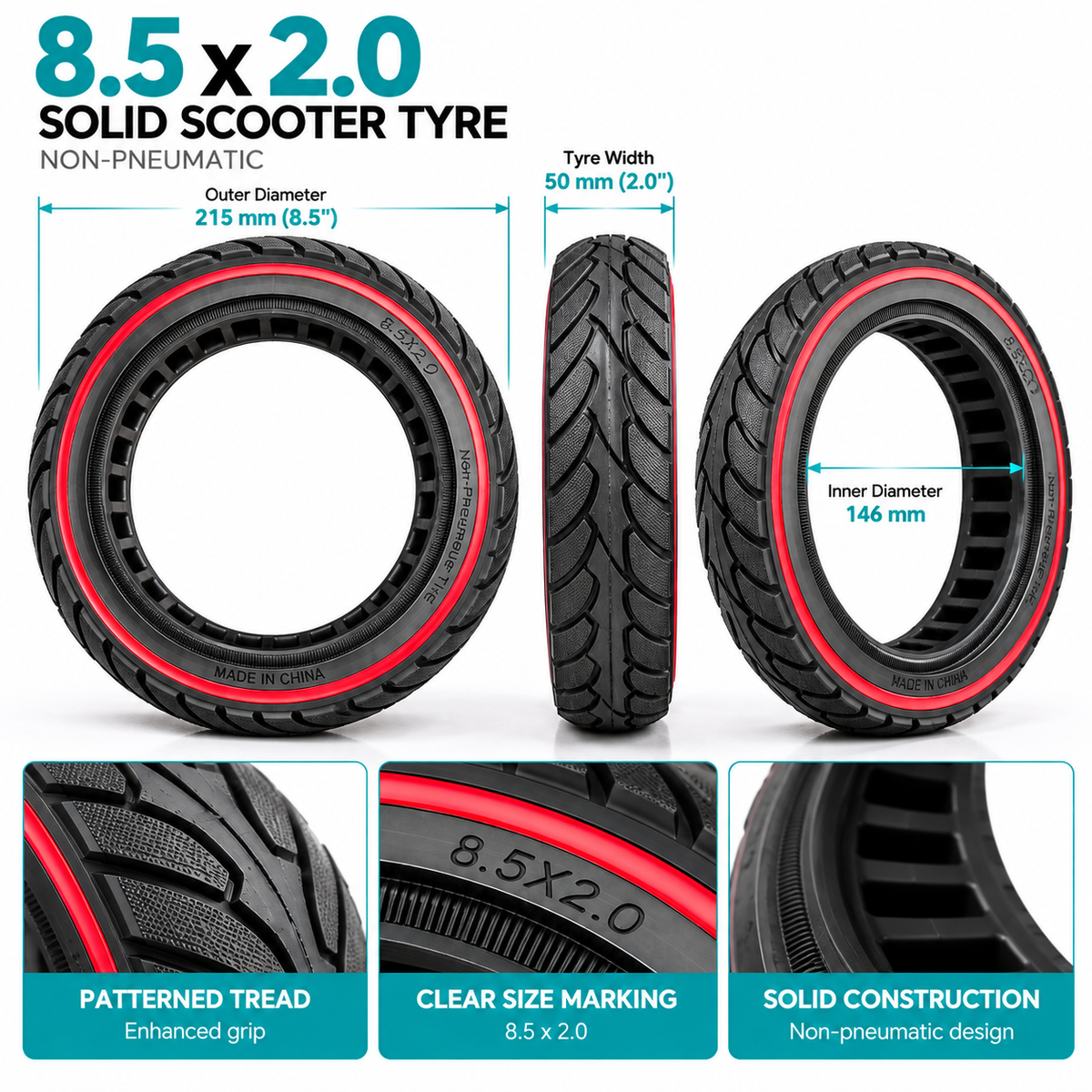 8.5 x 2.0 Solid Non-Pneumatic Scooter Tyre – Black & Red