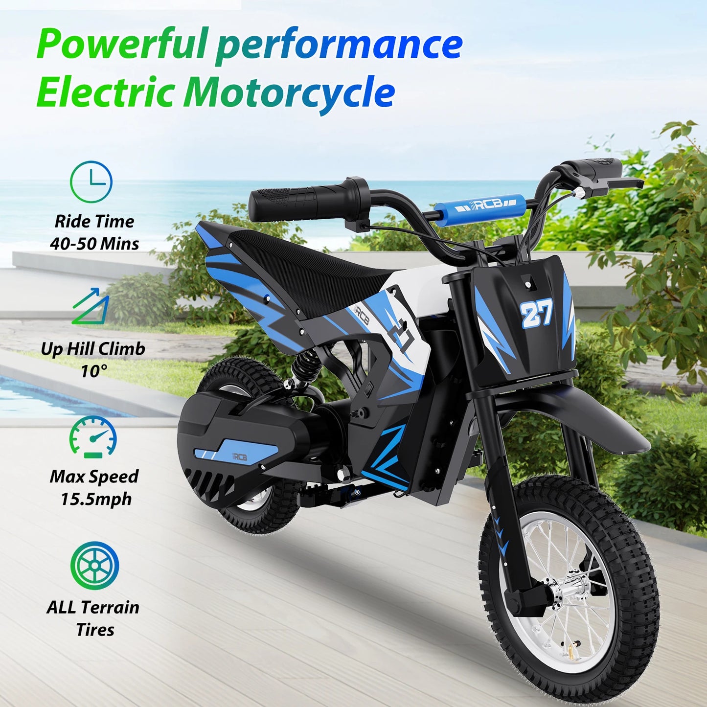 RCB R9X Kids Electric Motorbike 36V 4Ah Ride On Motorcycle 15.5 MPH 12" Pneumatic Tyres – Blue, Red & Green