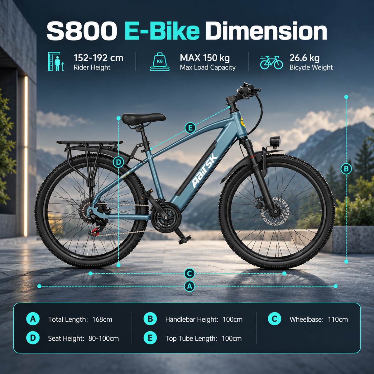Aairsk S800 26" Electric Bike for Adults, 250W Motor, 36V 13Ah Removable Battery, 7-Speed, Front Suspension
