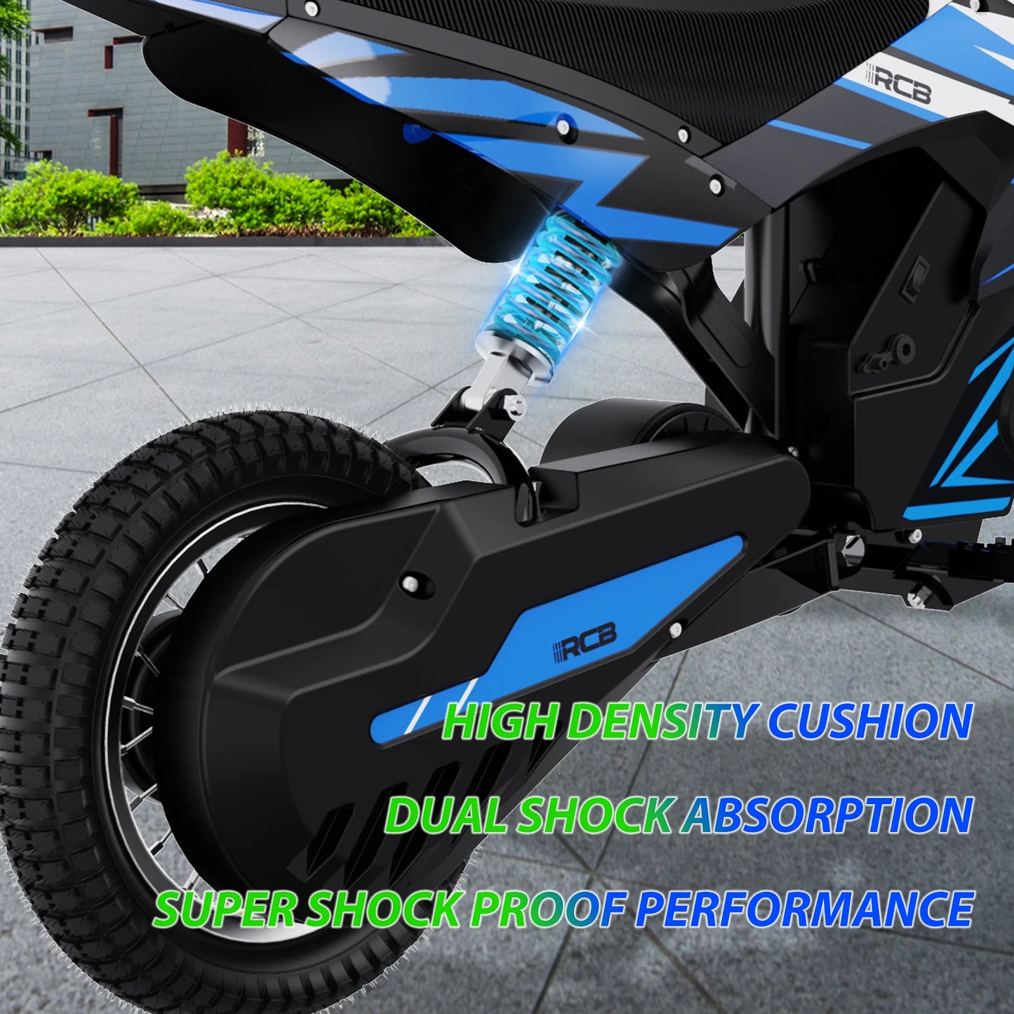 RCB R9X Kids Electric Motorbike 36V 4Ah Ride On Motorcycle 15.5 MPH 12" Pneumatic Tyres – Blue, Red & Green