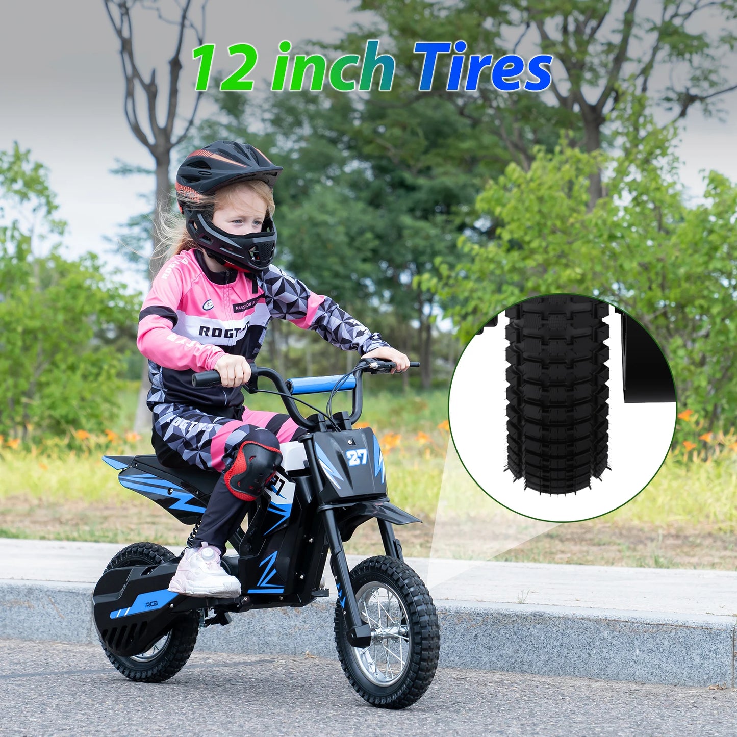 RCB R9X Kids Electric Motorbike 36V 4Ah Ride On Motorcycle 15.5 MPH 12" Pneumatic Tyres – Blue, Red & Green