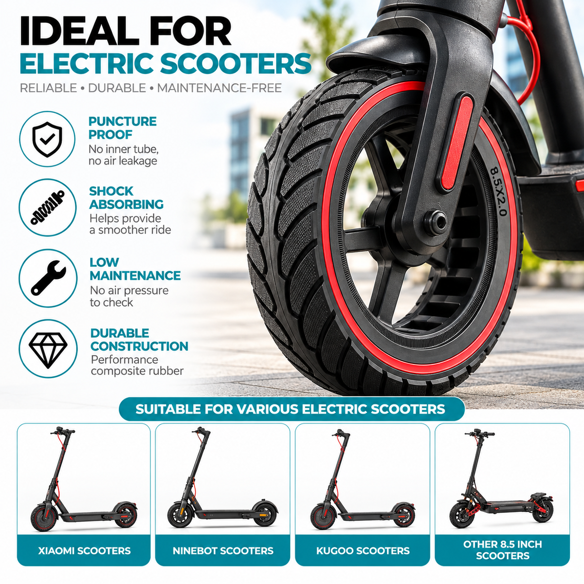 8.5 x 2.0 Solid Non-Pneumatic Scooter Tyre – Black & Red