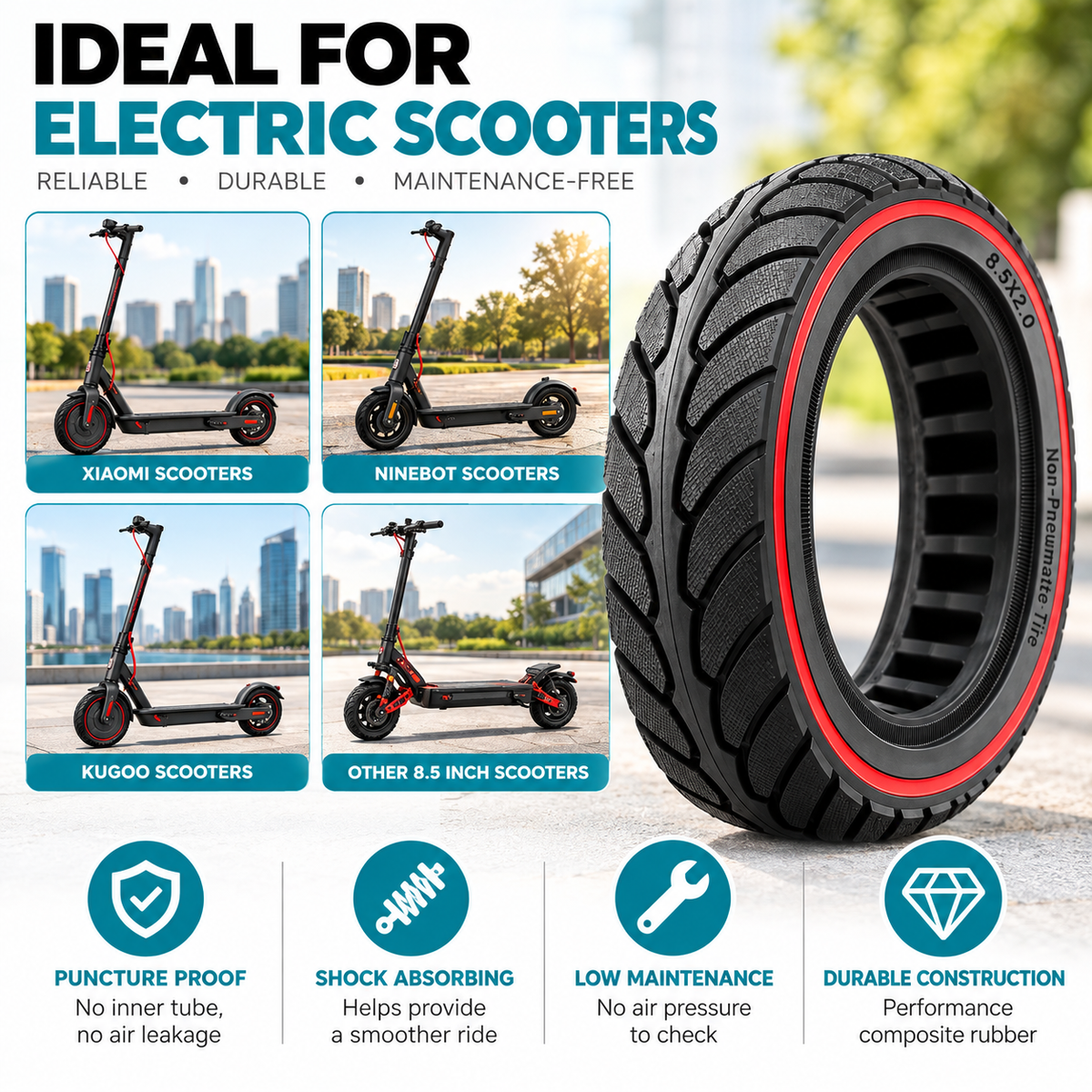 8.5 x 2.0 Solid Non-Pneumatic Scooter Tyre – Black & Red