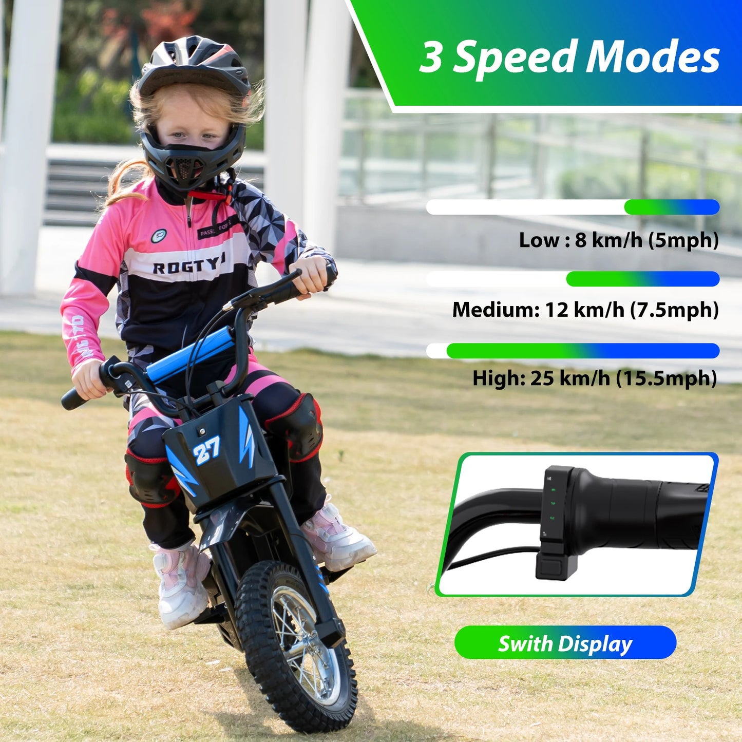 RCB R9X Kids Electric Motorbike 36V 4Ah Ride On Motorcycle 15.5 MPH 12" Pneumatic Tyres – Blue, Red & Green