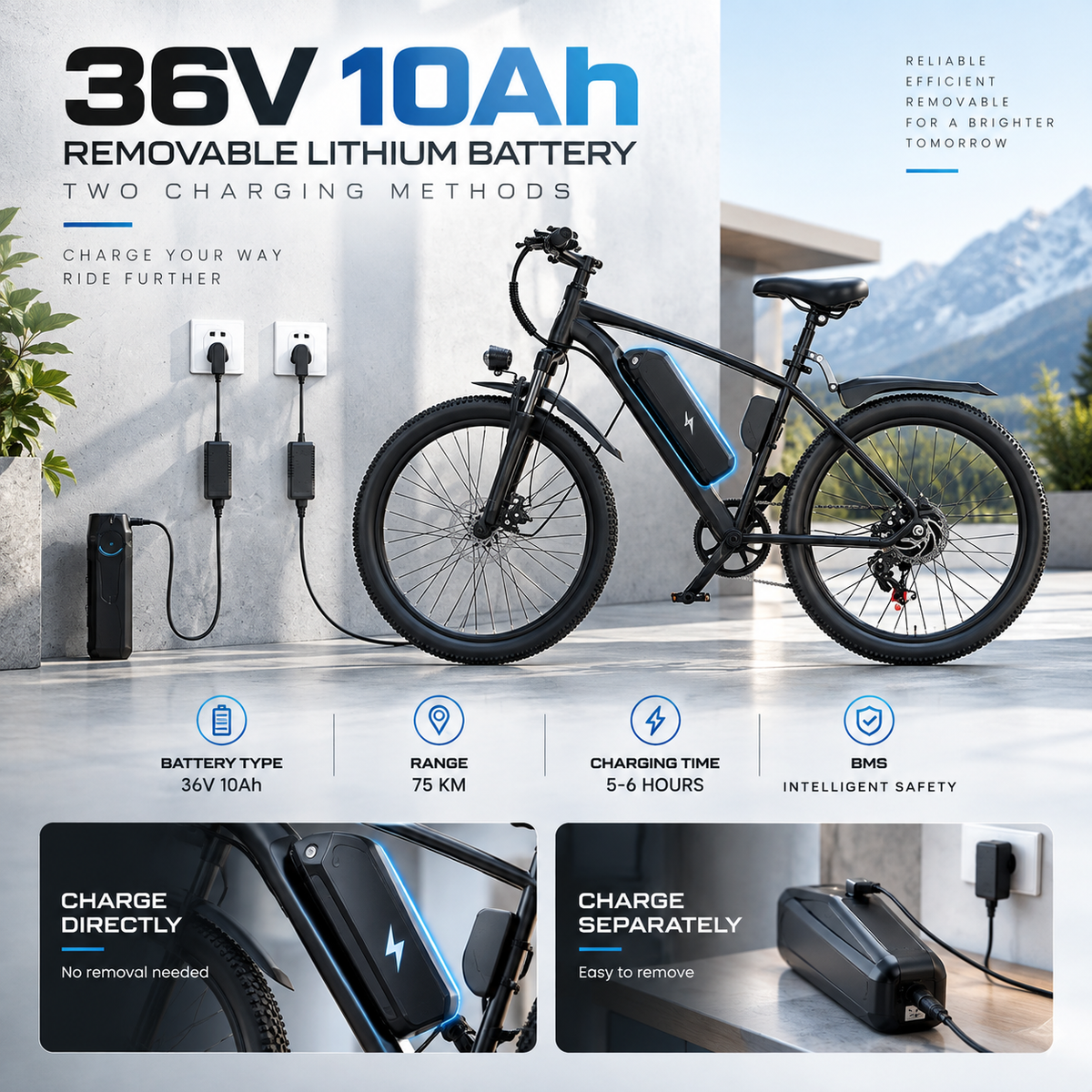 Aairsk Q7 26-Inch Electric Mountain Bike 250W 36V 10Ah Removable Battery 7-Speed E-Bike