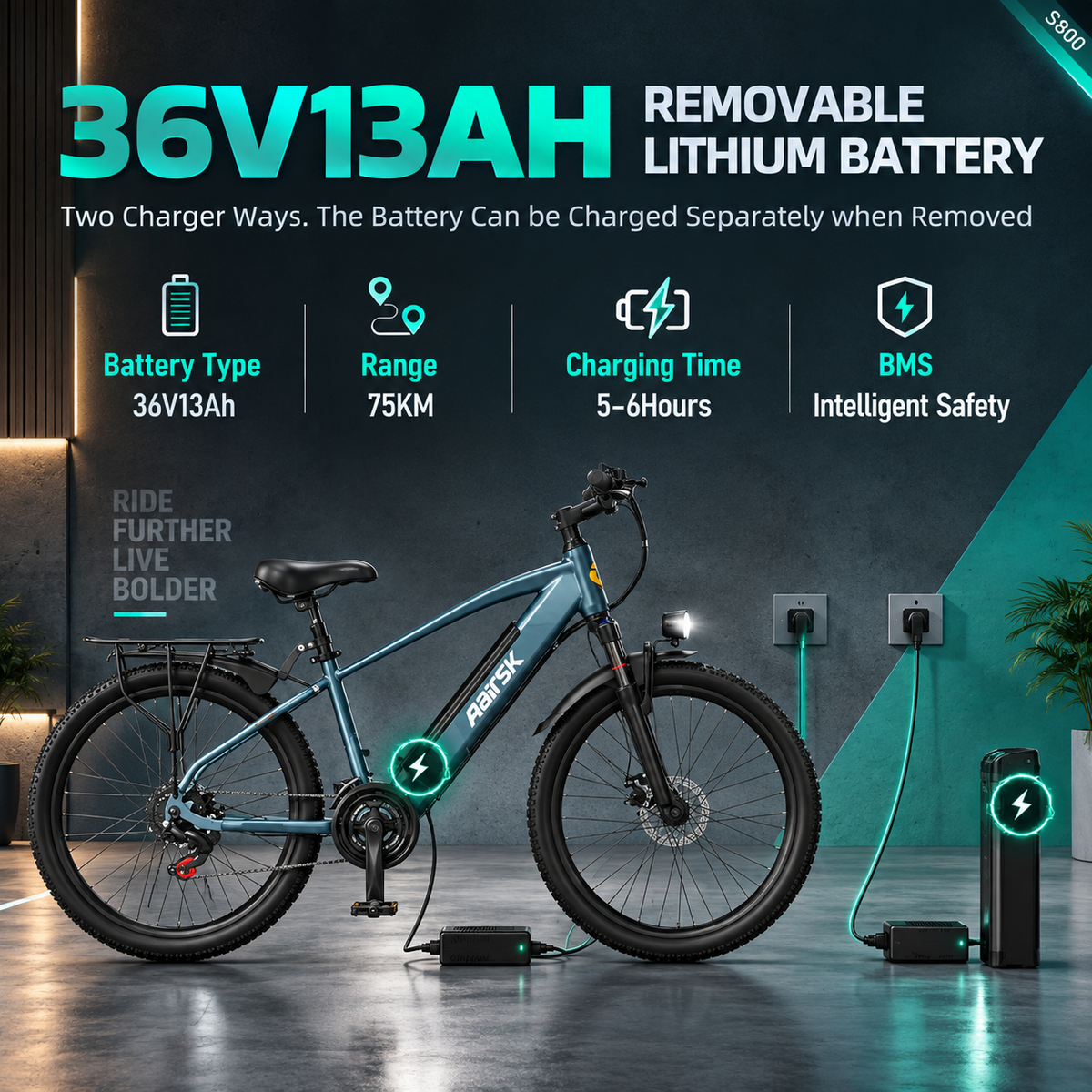 Aairsk S800 26" Electric Bike for Adults, 250W Motor, 36V 13Ah Removable Battery, 7-Speed, Front Suspension