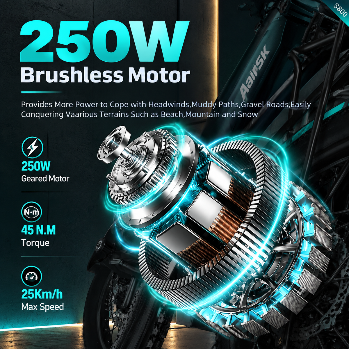 Aairsk S800 26" Electric Bike for Adults, 250W Motor, 36V 13Ah Removable Battery, 7-Speed, Front Suspension