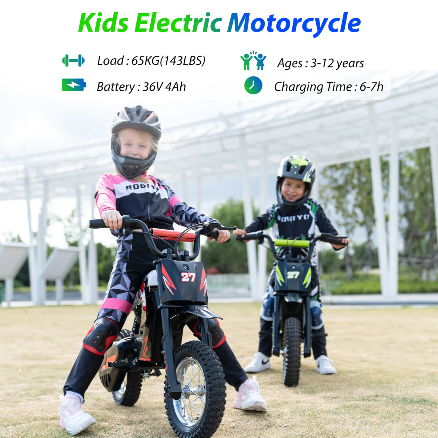 RCB R9X Kids Electric Motorbike 36V 4Ah Ride On Motorcycle 15.5 MPH 12" Pneumatic Tyres – Blue, Red & Green