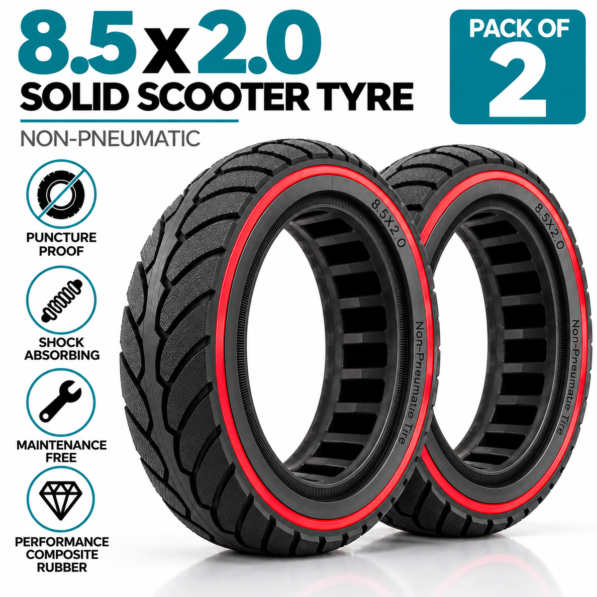 8.5 x 2.0 Solid Non-Pneumatic Scooter Tyre – Black & Red