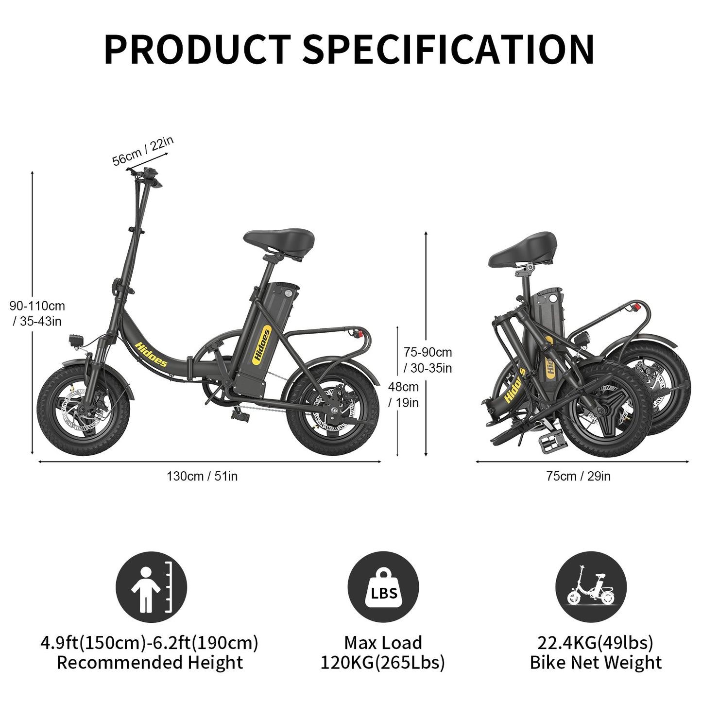 Hidoes C5 14" E-Bike 36V 10.4Ah 350W, 25KM/H, 28KM Range (NEW)