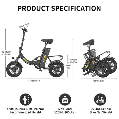 Hidoes C5 14" E-Bike 36V 10.4Ah 350W, 25KM/H, 28KM Range (NEW)
