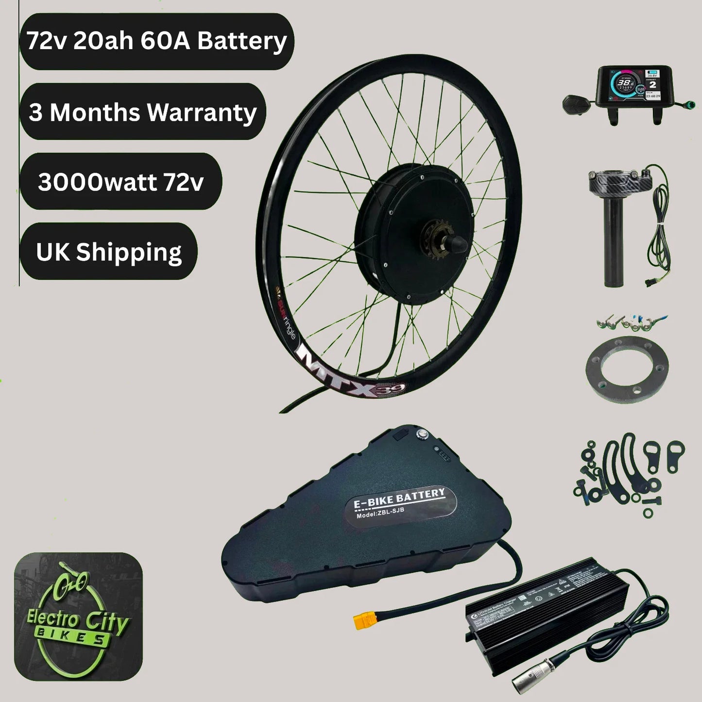 EBike Conversion Kit Amp 60A 72V 20ah with Battery 3000W Sine Wave MTX UK