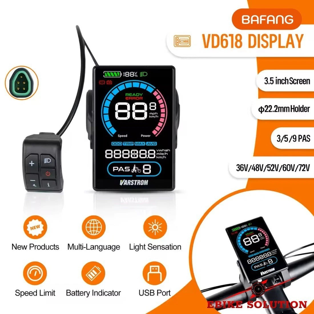 VD618 3.5" Color LCD BAFANG E-Bike Display Bafang CAN Mid-Drive BBSO1, BBSO2