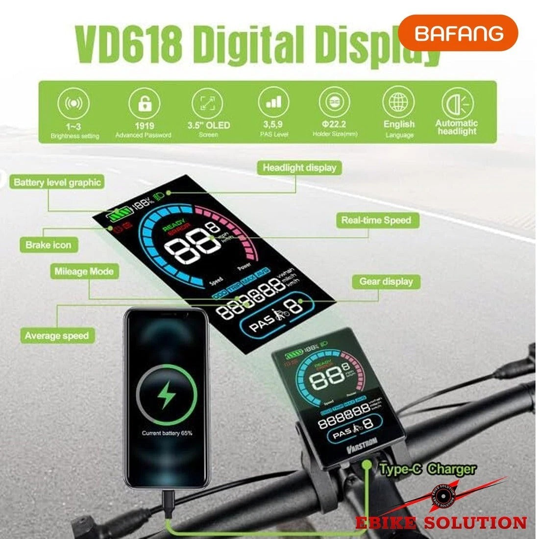 VD618 3.5" Color LCD BAFANG E-Bike Display Bafang CAN Mid-Drive BBSO1, BBSO2