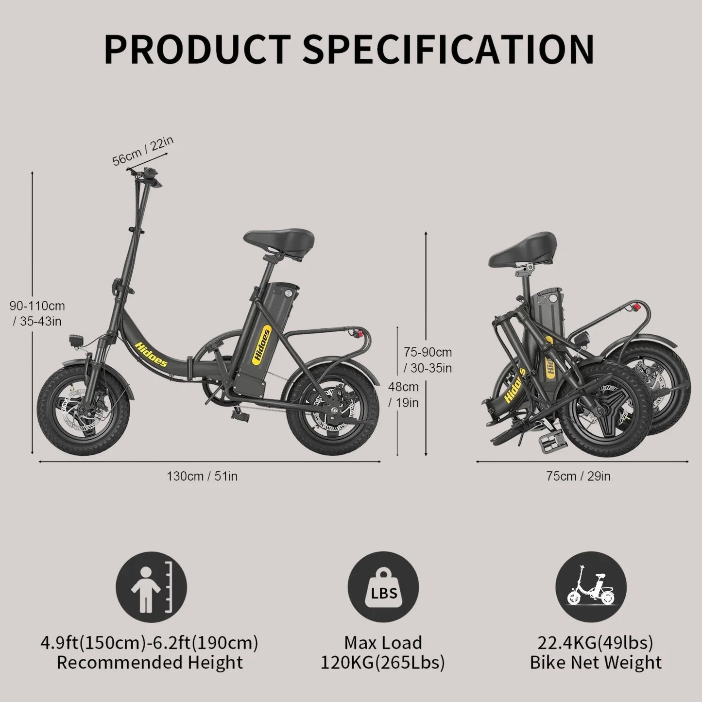 Hidoes C5 14" E-Bike 36V 10.4Ah 350W, 25KM/H, 28KM Range (NEW)