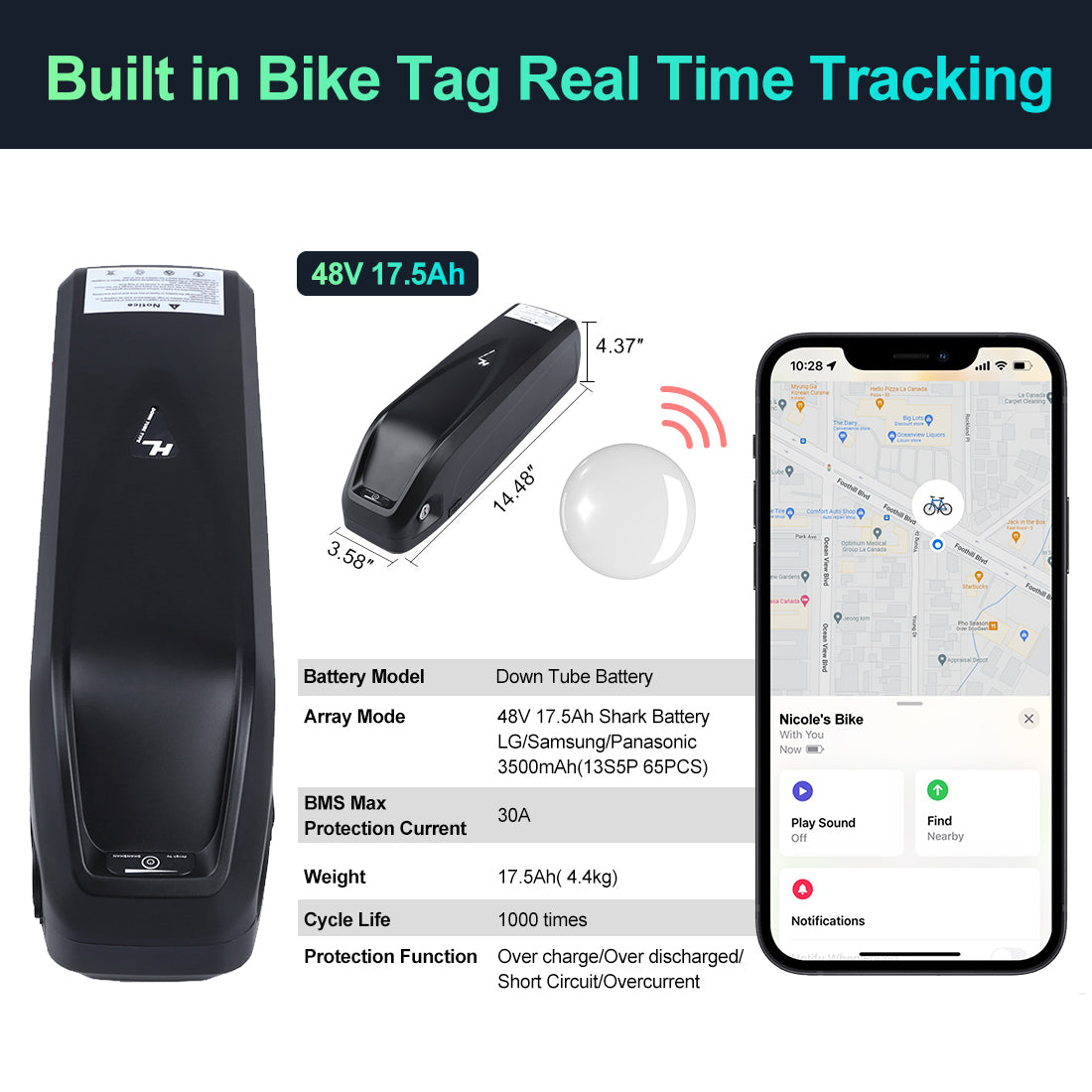 Built-in Hailong Down Tube Socket Air Tag eBike Anti-theft Locator